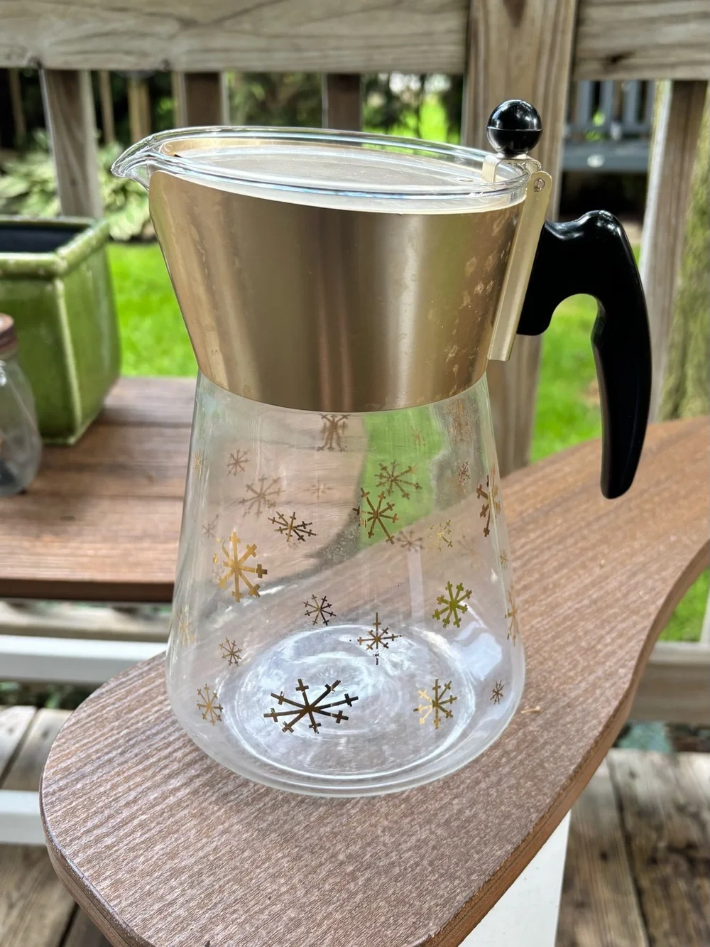 Vintage MCM Glass Pitcher Carafe Gold Atomic Snowflake Metal Lid Black Handle